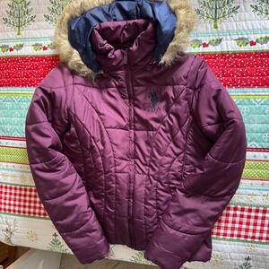 U.S. Polo Assn Women's Puffer Jacket Plum Purple Detachable Faux Fur Hood Size L